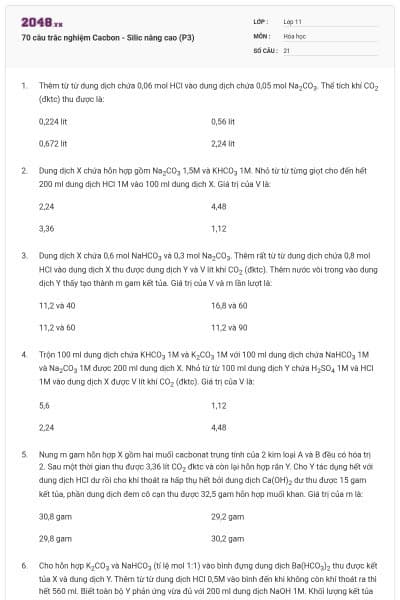 70 câu trắc nghiệm Cacbon - Silic nâng cao (P3)