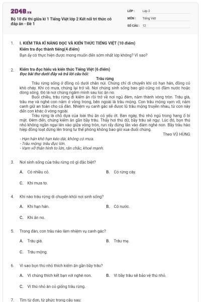 Bộ 10 đề thi giữa kì 1 Tiếng Việt lớp 2 Kết nối tri thức có đáp án - Đề 1