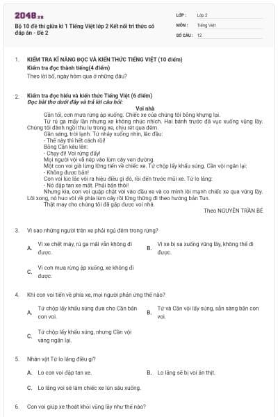 Bộ 10 đề thi giữa kì 1 Tiếng Việt lớp 2 Kết nối tri thức có đáp án - Đề 2