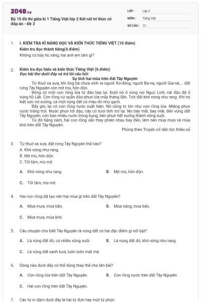 Bộ 10 đề thi giữa kì 1 Tiếng Việt lớp 2 Kết nối tri thức có đáp án - Đề 3
