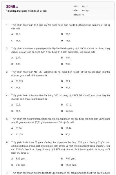 10 bài tập thuỷ phân Peptide có lời giải