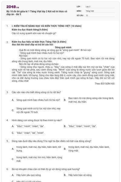 Bộ 10 đề thi giữa kì 1 Tiếng Việt lớp 2 Kết nối tri thức có đáp án - Đề 5