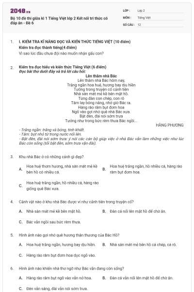 Bộ 10 đề thi giữa kì 1 Tiếng Việt lớp 2 Kết nối tri thức có đáp án - Đề 6