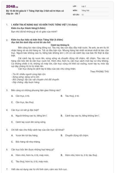 Bộ 10 đề thi giữa kì 1 Tiếng Việt lớp 2 Kết nối tri thức có đáp án - Đề 7