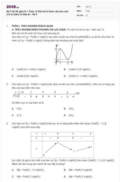 Bộ 5 đề thi giữa kì 1 Toán 12 Kết nối tri thức cấu trúc mới (có tự luận) có đáp án - Đề 2