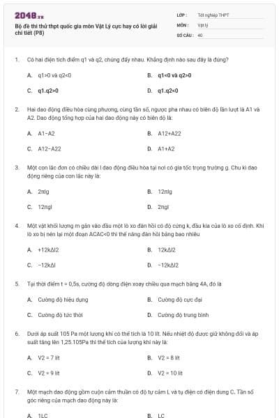 Bộ đề thi thử thpt quốc gia môn Vật Lý cực hay có lời giải chi tiết (P8)