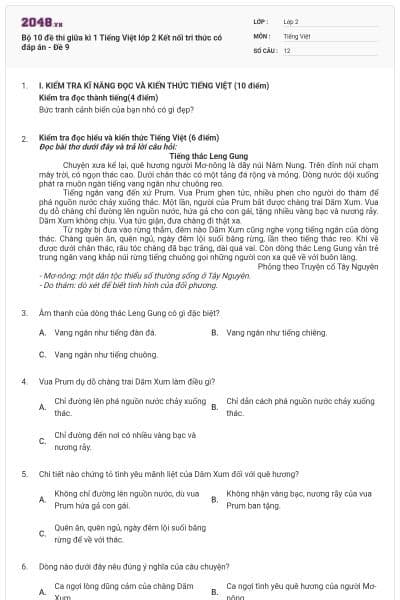 Bộ 10 đề thi giữa kì 1 Tiếng Việt lớp 2 Kết nối tri thức có đáp án - Đề 9