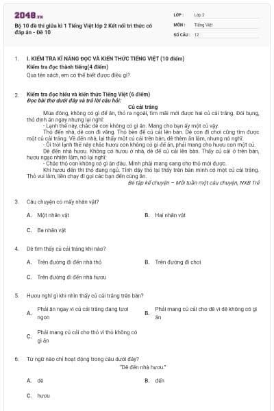 Bộ 10 đề thi giữa kì 1 Tiếng Việt lớp 2 Kết nối tri thức có đáp án - Đề 10