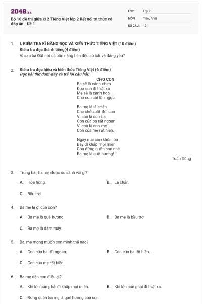 Bộ 10 đề thi giữa kì 2 Tiếng Việt lớp 2 Kết nối tri thức có đáp án - Đề 1