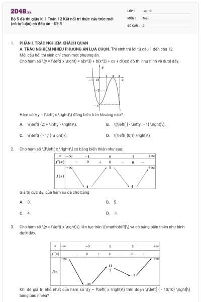 Bộ 5 đề thi giữa kì 1 Toán 12 Kết nối tri thức cấu trúc mới (có tự luận) có đáp án - Đề 3
