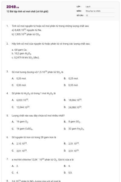 12 Bài tập tính số mol chất (có lời giải)