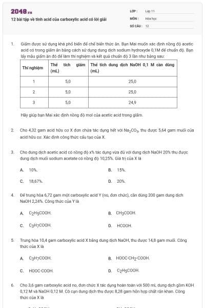 12 bài tập về tính acid của carboxylic acid có lời giải