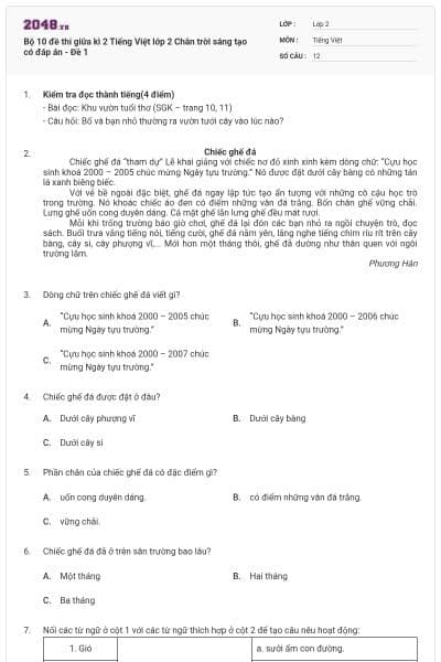 Bộ 10 đề thi giữa kì 2 Tiếng Việt lớp 2 Chân trời sáng tạo có đáp án - Đề 1