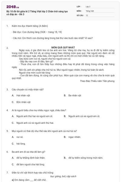 Bộ 10 đề thi giữa kì 2 Tiếng Việt lớp 2 Chân trời sáng tạo có đáp án - Đề 3