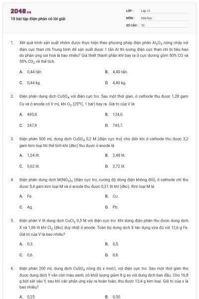 10 bài tập điện phân có lời giải