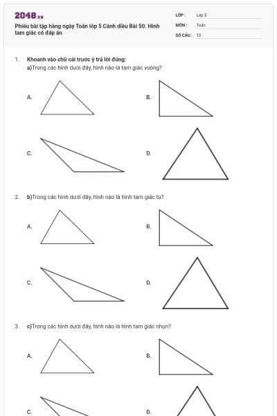 Phiếu bài tập hàng ngày Toán lớp 5 Cánh diều Bài 50. Hình tam giác có đáp án
