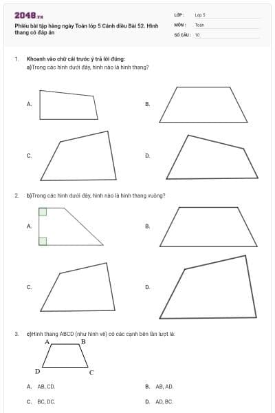 Phiếu bài tập hàng ngày Toán lớp 5 Cánh diều Bài 52. Hình thang có đáp án