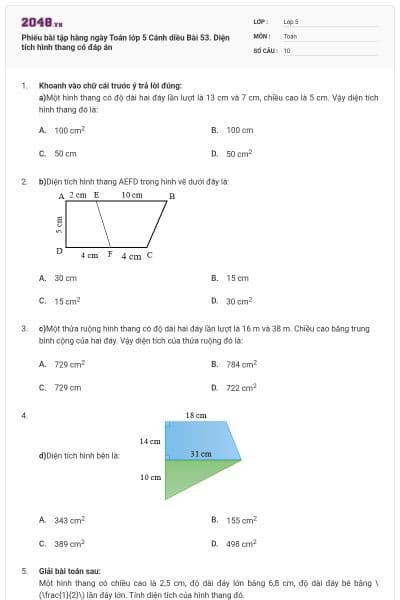 Phiếu bài tập hàng ngày Toán lớp 5 Cánh diều Bài 53. Diện tích hình thang có đáp án