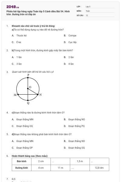 Phiếu bài tập hàng ngày Toán lớp 5 Cánh diều Bài 54. Hình tròn. Đường tròn có đáp án
