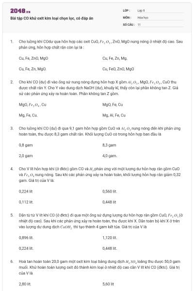 Bài tập CO khử oxit kim loại chọn lọc, có đáp án