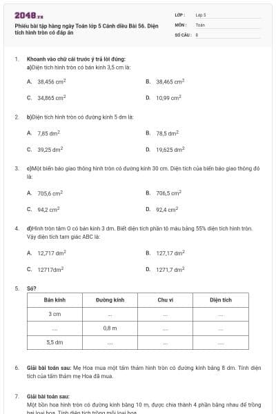 Phiếu bài tập hàng ngày Toán lớp 5 Cánh diều Bài 56. Diện tích hình tròn có đáp án
