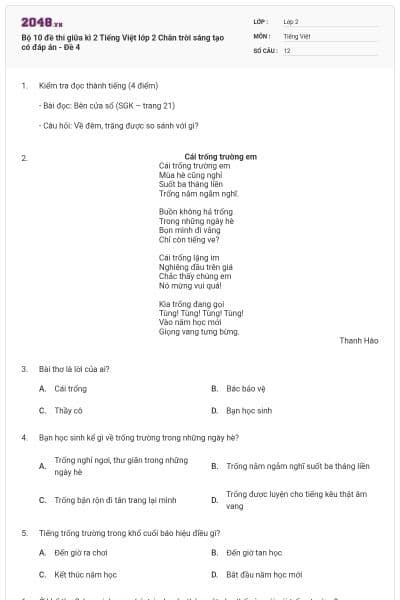 Bộ 10 đề thi giữa kì 2 Tiếng Việt lớp 2 Chân trời sáng tạo có đáp án - Đề 4