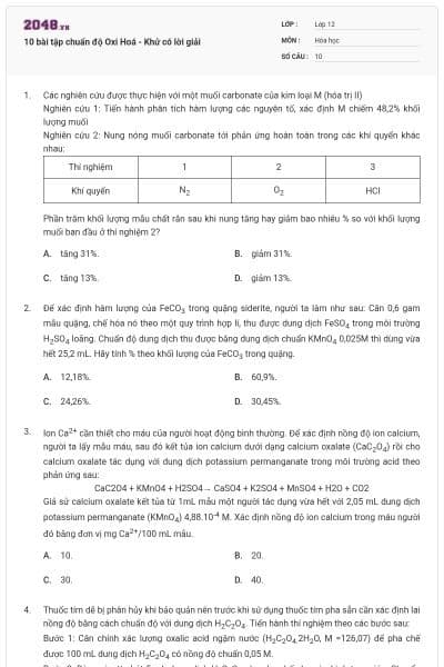 10 bài tập chuẩn độ Oxi Hoá - Khử có lời giải