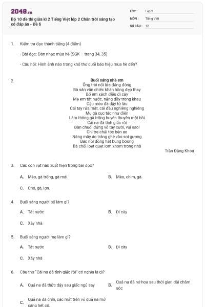 Bộ 10 đề thi giữa kì 2 Tiếng Việt lớp 2 Chân trời sáng tạo có đáp án - Đề 6