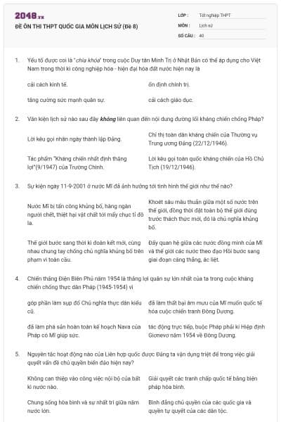 ĐỀ ÔN THI THPT QUỐC GIA MÔN LỊCH SỬ (Đề 8)