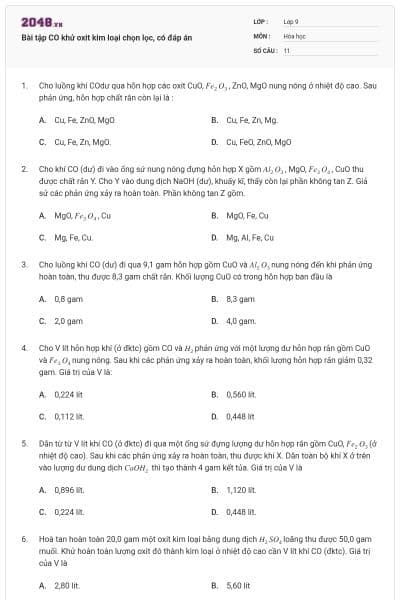 Bài tập CO khử oxit kim loại chọn lọc, có đáp án