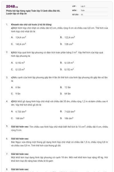 Phiếu bài tập hàng ngày Toán lớp 5 Cánh diều Bài 66. Luyện tập có đáp án