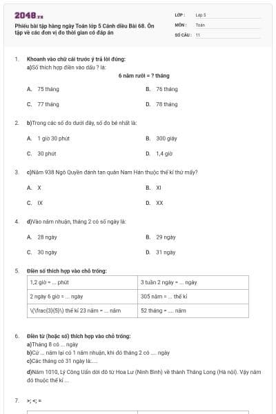 Phiếu bài tập hàng ngày Toán lớp 5 Cánh diều Bài 68. Ôn tập về các đơn vị đo thời gian có đáp án
