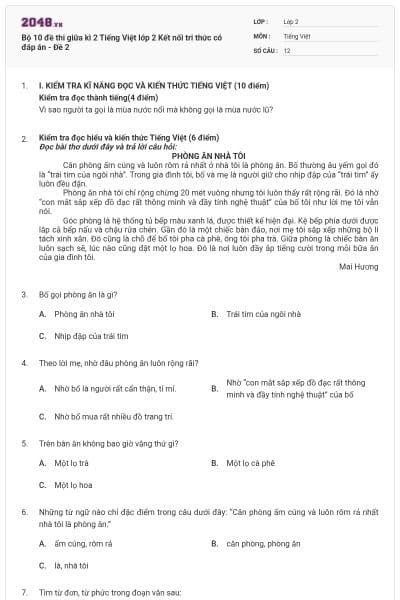 Bộ 10 đề thi giữa kì 2 Tiếng Việt lớp 2 Kết nối tri thức có đáp án - Đề 2