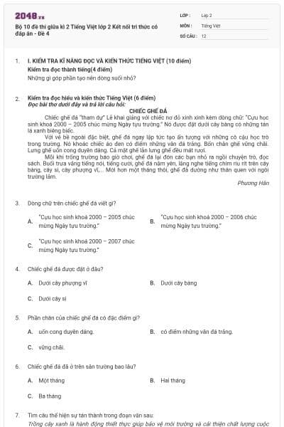 Bộ 10 đề thi giữa kì 2 Tiếng Việt lớp 2 Kết nối tri thức có đáp án - Đề 4