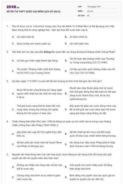 ĐỀ ÔN THI THPT QUỐC GIA MÔN LỊCH SỬ (Đề 8)