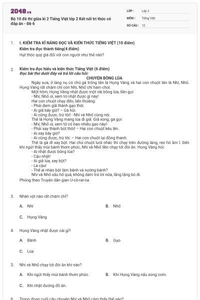 Bộ 10 đề thi giữa kì 2 Tiếng Việt lớp 2 Kết nối tri thức có đáp án - Đề 6
