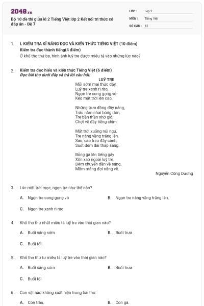 Bộ 10 đề thi giữa kì 2 Tiếng Việt lớp 2 Kết nối tri thức có đáp án - Đề 7