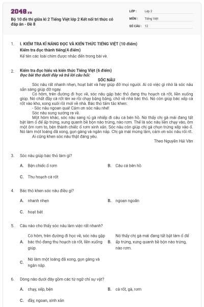 Bộ 10 đề thi giữa kì 2 Tiếng Việt lớp 2 Kết nối tri thức có đáp án - Đề 8