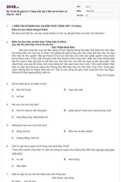 Bộ 10 đề thi giữa kì 2 Tiếng Việt lớp 2 Kết nối tri thức có đáp án - Đề 9