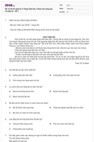 Bộ 10 đề thi giữa kì 2 Tiếng Việt lớp 2 Chân trời sáng tạo có đáp án - Đề 7
