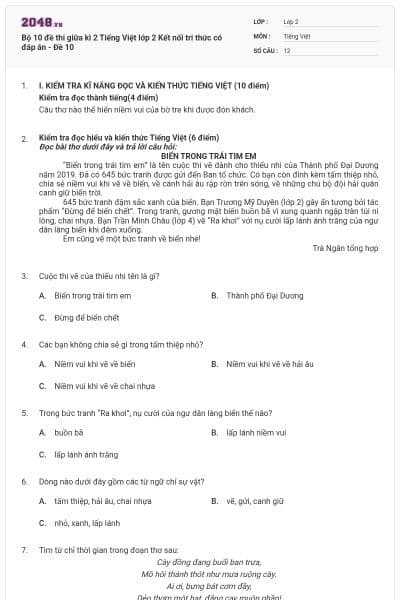 Bộ 10 đề thi giữa kì 2 Tiếng Việt lớp 2 Kết nối tri thức có đáp án - Đề 10