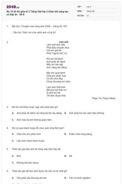 Bộ 10 đề thi giữa kì 2 Tiếng Việt lớp 2 Chân trời sáng tạo có đáp án - Đề 8