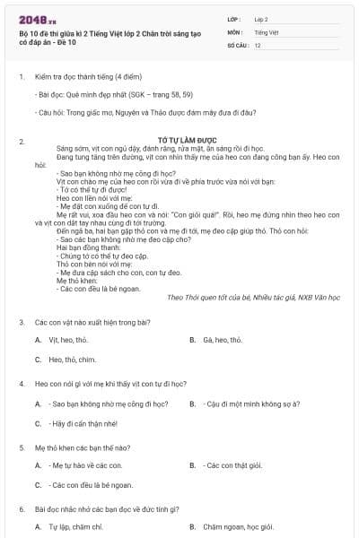 Bộ 10 đề thi giữa kì 2 Tiếng Việt lớp 2 Chân trời sáng tạo có đáp án - Đề 10