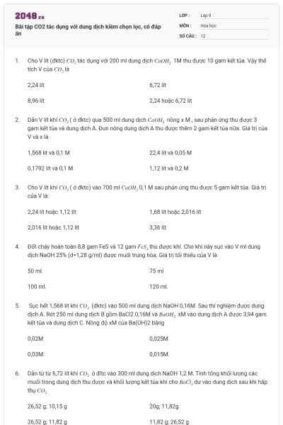 Bài tập CO2 tác dụng với dung dịch kiềm chọn lọc, có đáp án