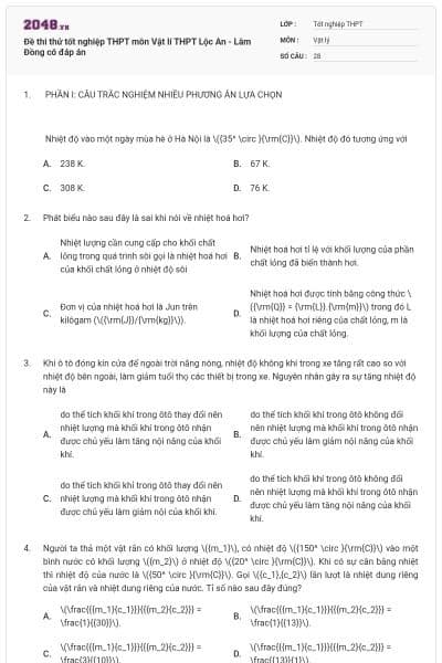 Đề thi thử tốt nghiệp THPT môn Vật lí THPT Lộc An - Lâm Đồng có đáp án