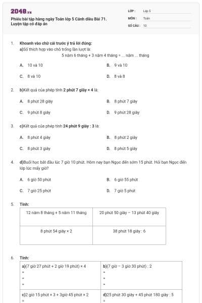 Phiếu bài tập hàng ngày Toán lớp 5 Cánh diều Bài 71. Luyện tập có đáp án