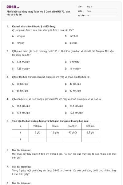 Phiếu bài tập hàng ngày Toán lớp 5 Cánh diều Bài 72. Vận tốc có đáp án