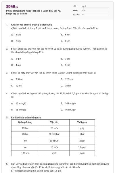 Phiếu bài tập hàng ngày Toán lớp 5 Cánh diều Bài 75. Luyện tập có đáp án