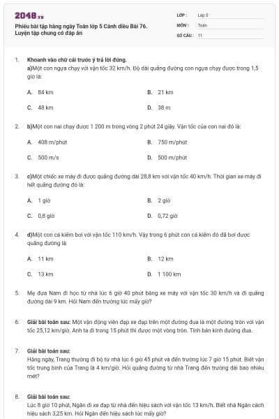 Phiếu bài tập hàng ngày Toán lớp 5 Cánh diều Bài 76. Luyện tập chung có đáp án