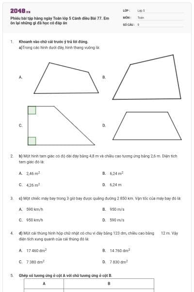 Phiếu bài tập hàng ngày Toán lớp 5 Cánh diều Bài 77. Em ôn lại những gì đã học có đáp án